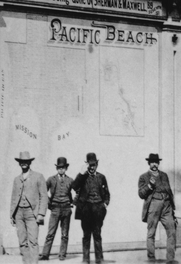 Outside the Pacific Beach Company office, 1888.