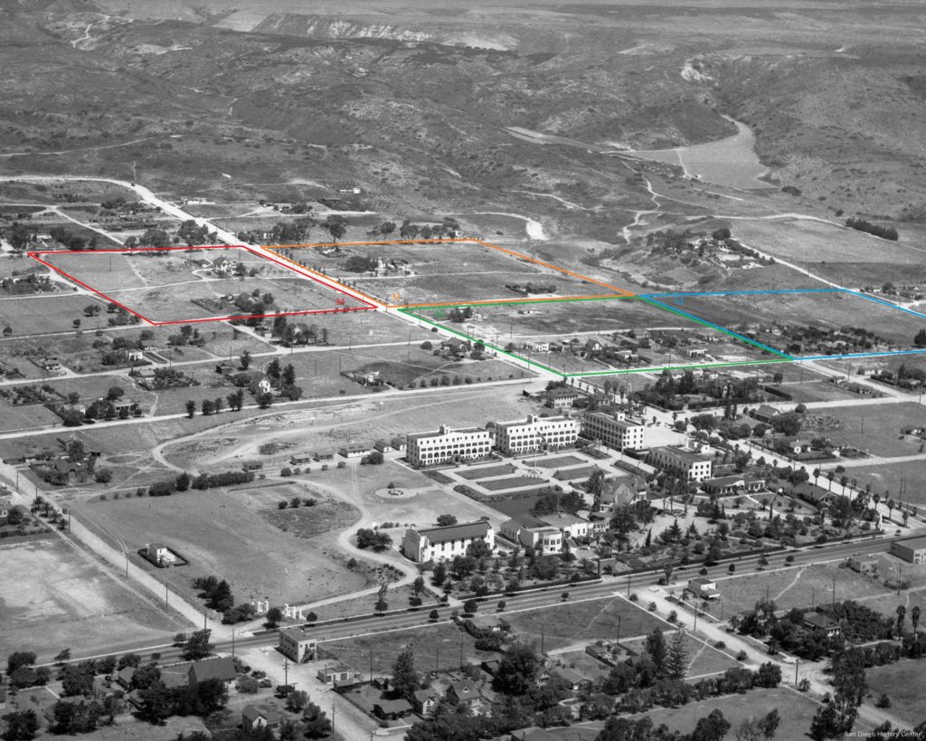 1937 aerial view of Pacific Beach. Brown Military Academy, the former college campus, is in the foreground with the land once covered by lemon ranches beyond. The acre lots originally owned by Wilson and Bowers are outlined.